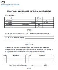 Impreso de solicitud de anulación de matrícula o asignaturas