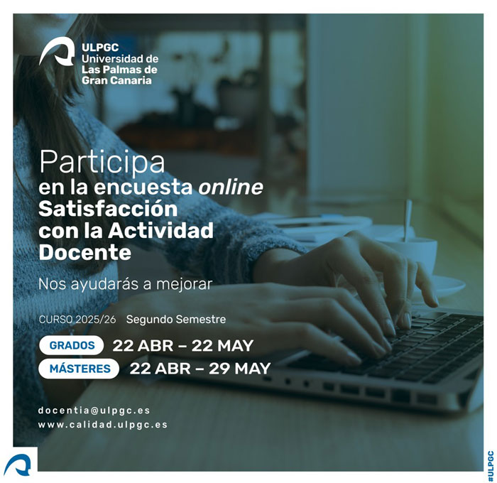 Cartel encuesta online satisfacción con la actividad docente segundo semestre Grados y Másteres curso 2025/2026