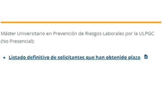 Listado definitivo de solicitantes que han obtenido plaza: Máster Universitario en Prevención de Riesgos Laborales